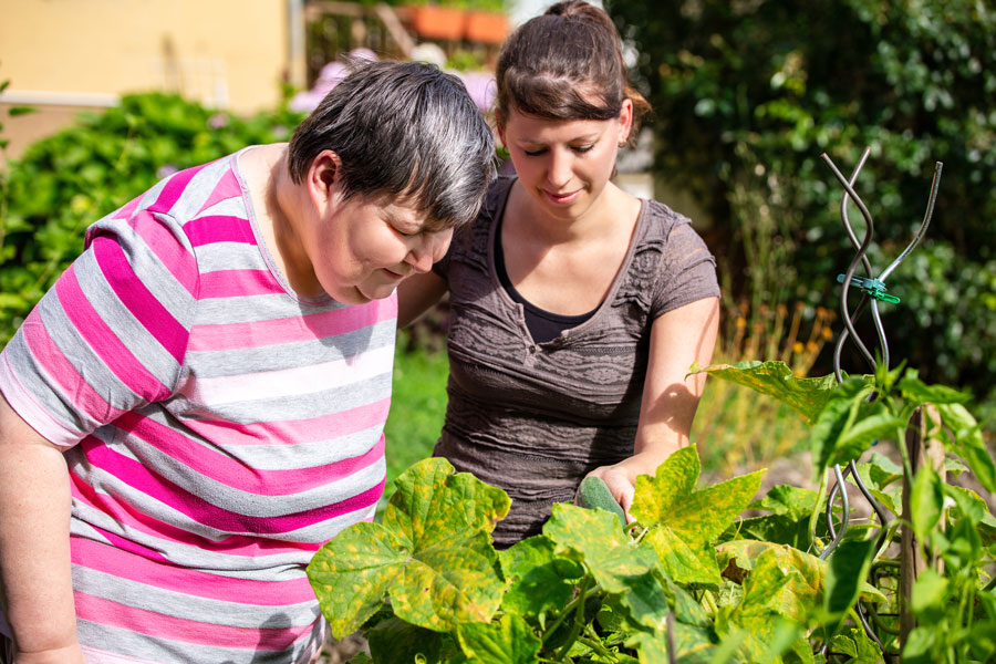 Two women looking at plants in a bright green garden.