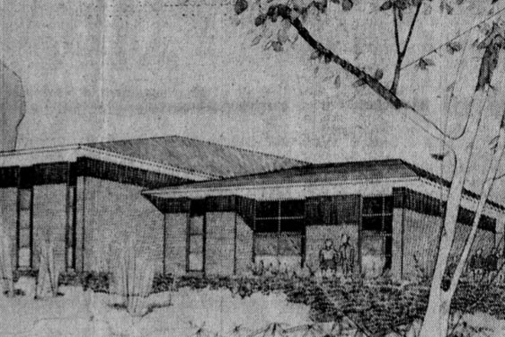 A sketch of a brick bungalow home with 2 people sitting on the porch
